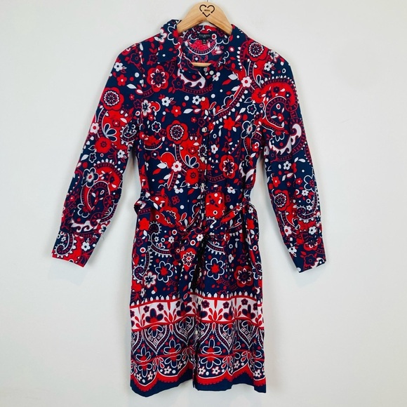 Talbots paisley poplin picnic button front shirt dress in red white and blue. 8P - Picture 2 of 8